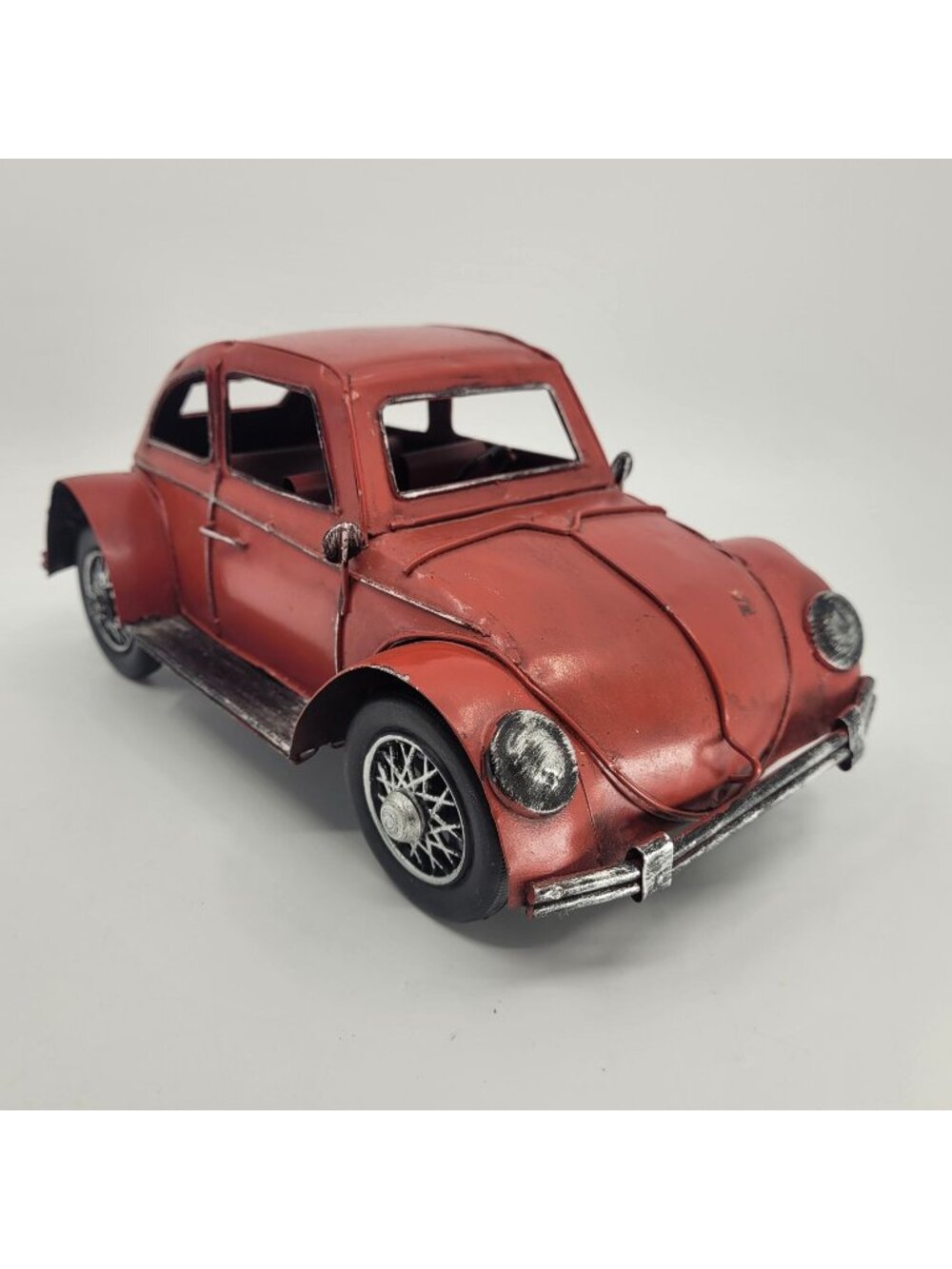 Rustic Vintage Style Tin Volkswagen Beetle Home Decor Collectible 10" Red